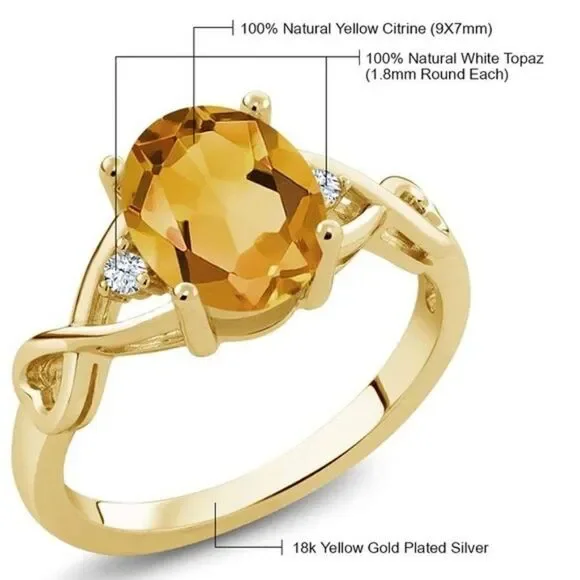 18K Yellow Gold and 925 Sterling Silver with Yellow Citrine and White Topaz Ring